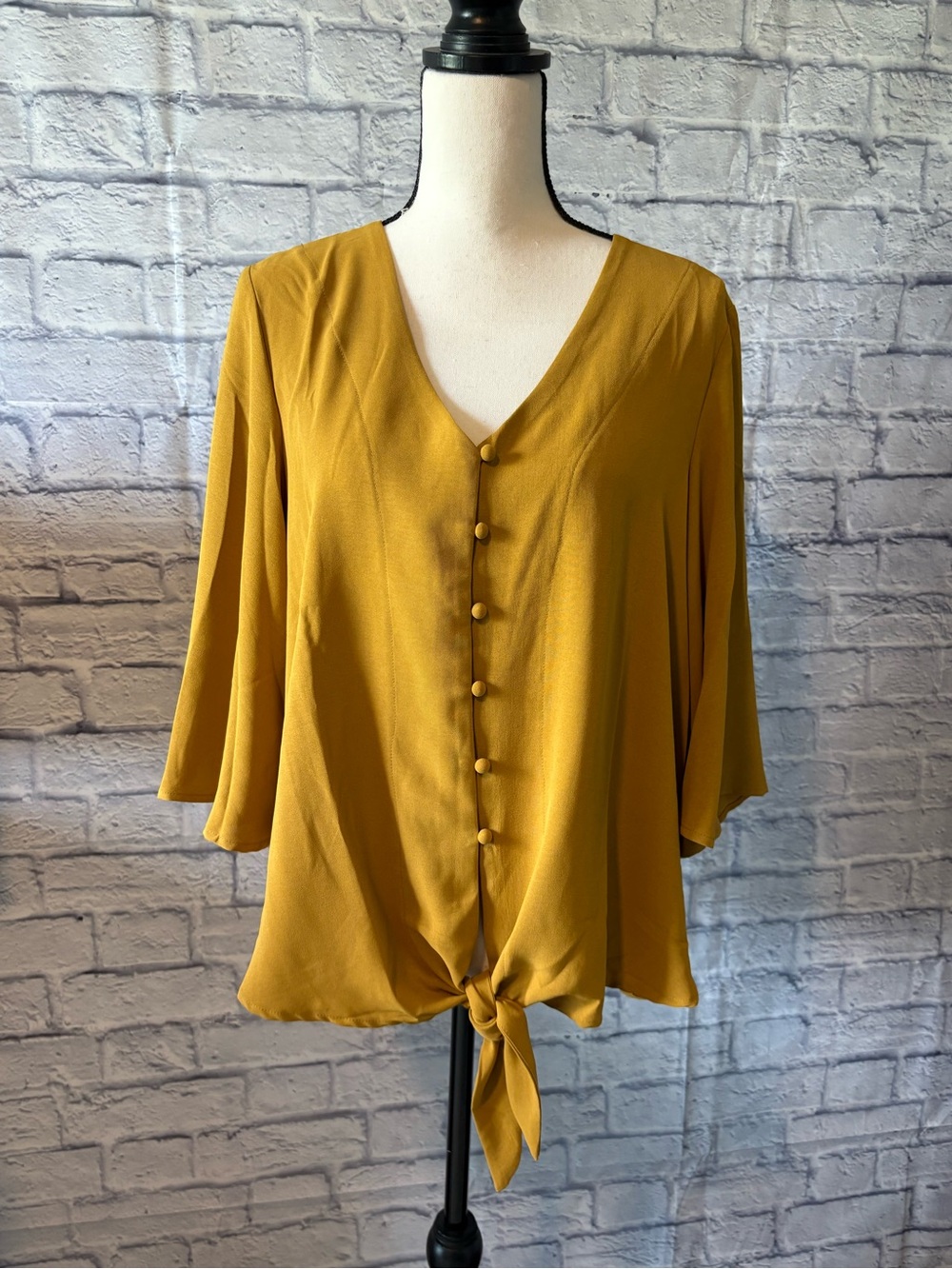 Mustard Tie-Front Button V-Neck Women's Top
